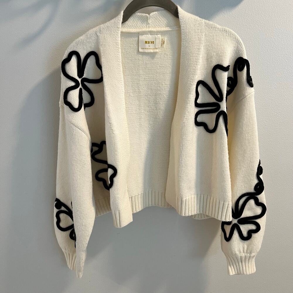 Maeve Anthropologie Cropped Cream Floral Cardigan Sweater One Size